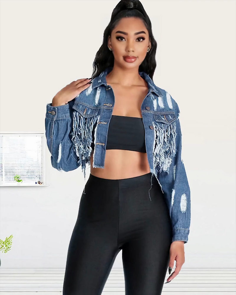 SUPER CROP DISTRESSED DENIM JACKET