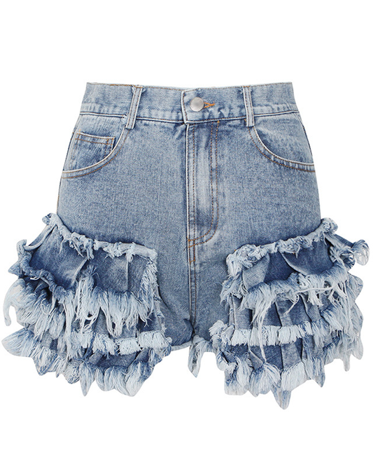 High Rise Denim Ruffle Shorts