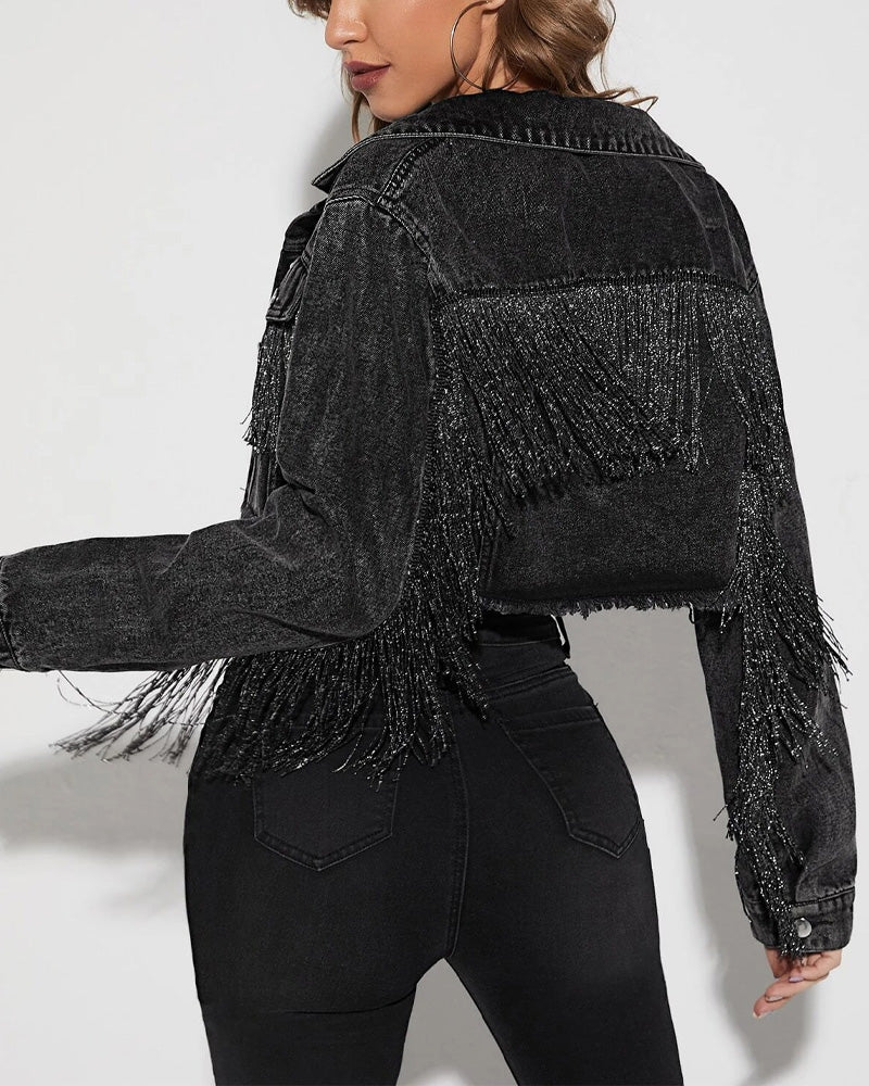 Mariah Crystal Fringe Denim Jacket