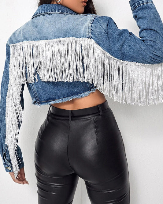 Mariah Crystal Fringe Denim Jacket