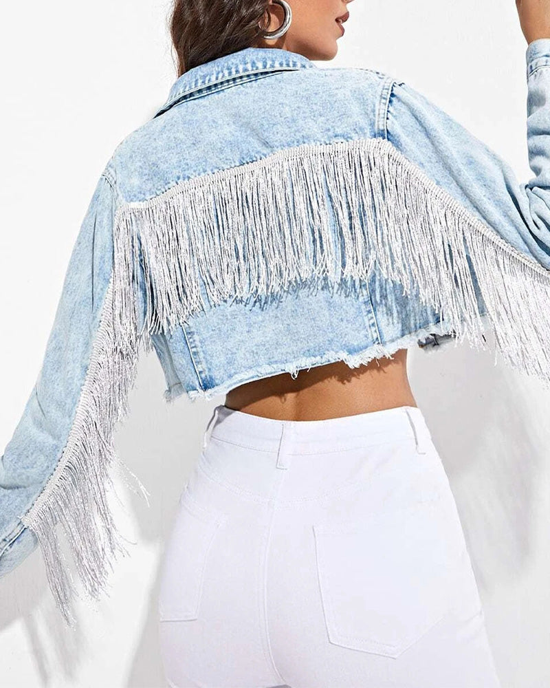 Mariah Crystal Fringe Denim Jacket